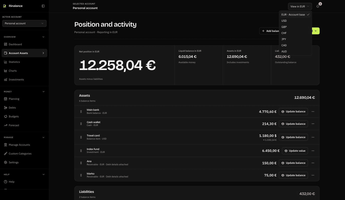 The position screen in Rinalance with the currency menu open, listing EUR as the account base plus USD, GBP, CHF, JPY, CAD, and AUD, above a net position of 12,258.04 euro and a list of assets that includes a US dollar travel card shown with its euro value.
