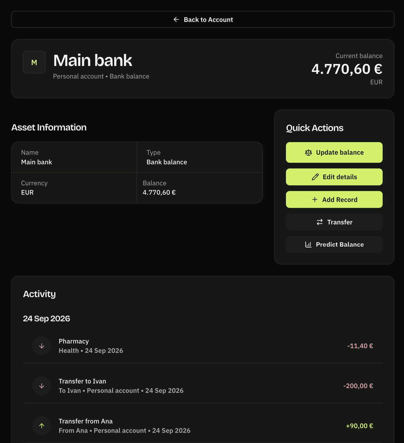 The detail screen for a Main bank balance in Rinalance showing a current balance of 4,770.60 euro, quick actions for updating the balance, adding records, and transfers, and a dated activity list with an expense and two debt repayment transfers.